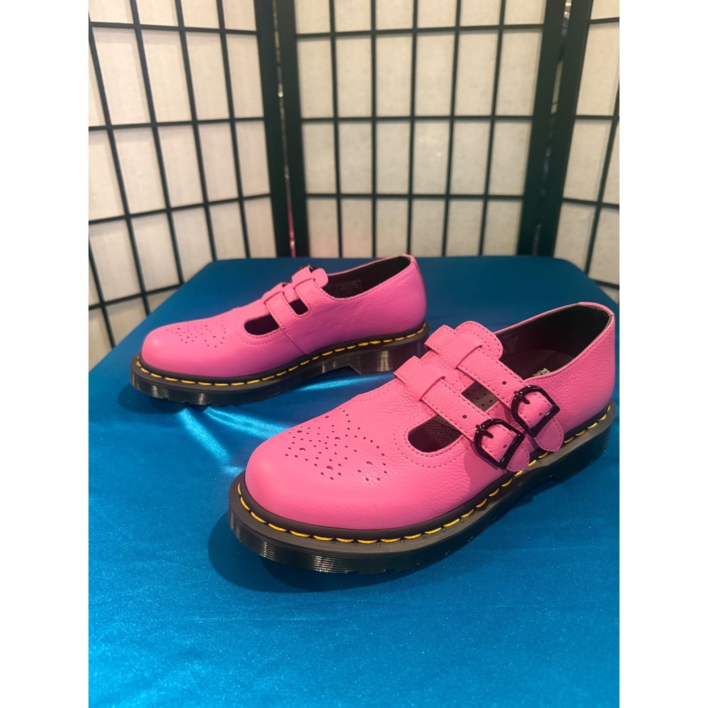 Dr. Martens 8065 Mary Jane Pink Double Strap Leather Shoes Yellow Stitching W 8